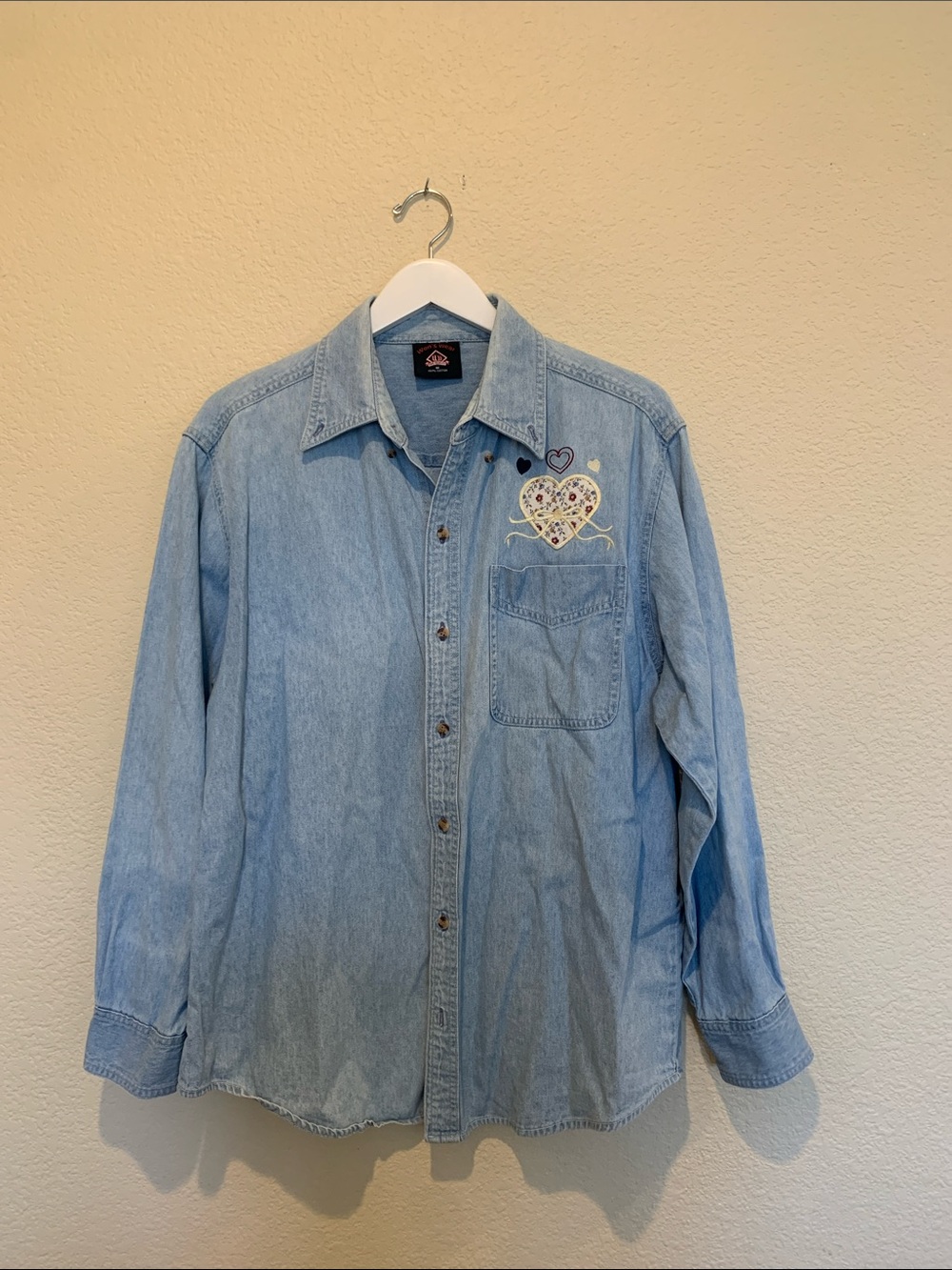 Light Blue Denim Shirt with Heart Embroidery